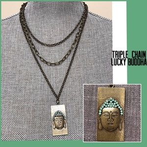 Ant.Gold Layered Chains Buddha Dogtag Necklace,NWT